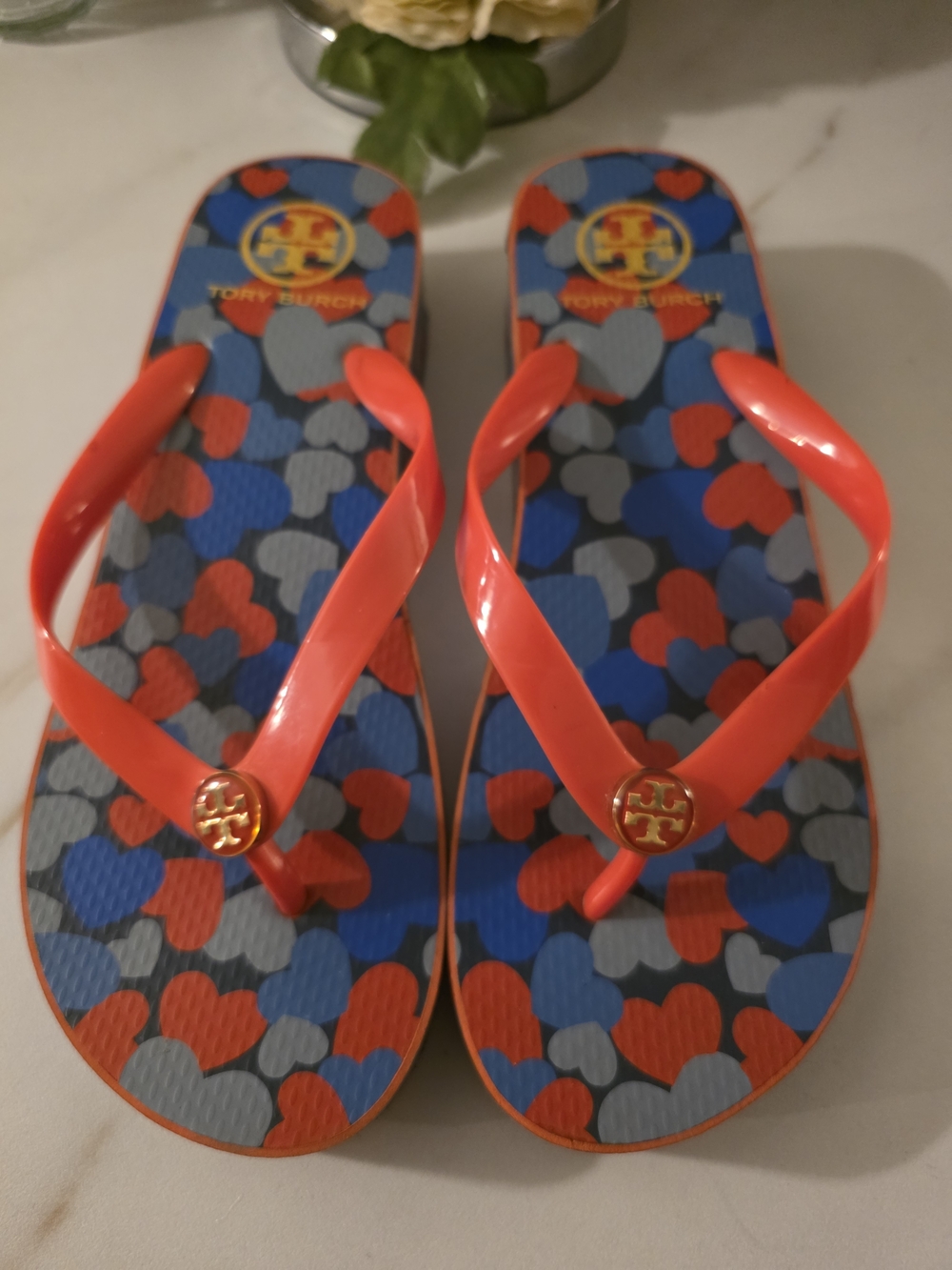Tory Burch Red Jelly Flip Flops with Blue and Gray Heart Footbed